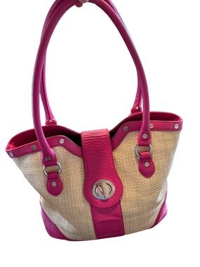 Bodhi Pink Leather Raffia Tote Bag Large Shoulder Bag Resort Summer Woven